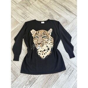 N Peal 100% Pure Cashmere Made In Scotland Black Sweater Leopard VTG Large